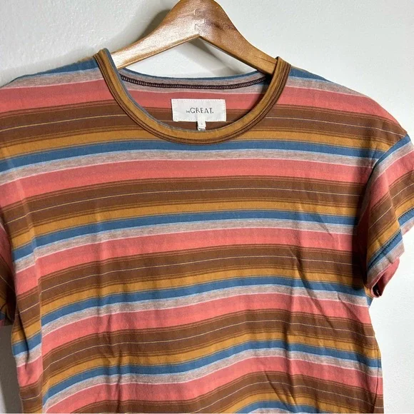 THE GREAT. Short Sleeve Striped Tee in Rust, Pink, Blue, Olive - Picture 8 of 11